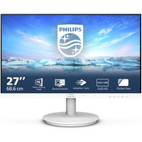 White Philips 27" Full HD LCD monitor with slim bezels, circular stand, and blue sky screen display.