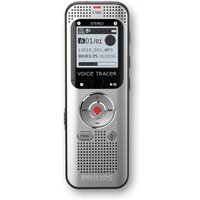 Silver Philips Voice Tracer dictaphone with LCD screen, red record button, and speaker grille.