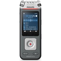 Black and grey Philips VoiceTracer audio recorder with screen, silver buttons, and dual microphones on top.