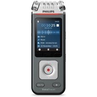 Black and grey Philips VoiceTracer audio recorder with display screen, control buttons, and dual microphones on top.