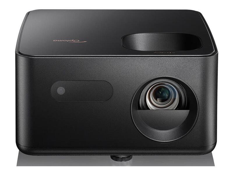 Black Optoma Photon Life PK31 projector featuring a sleek design, a prominent lens, and a side port, offering 900 ANSI lumens and UHD 4K resolution.