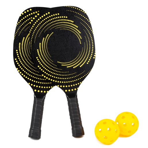 Two black pickleball paddles with yellow dot patterns and textured grips, accompanied by two bright yellow pickleballs.