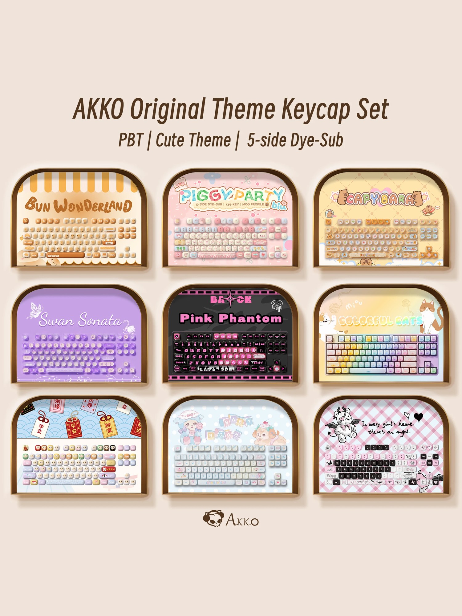 Colorful keycap sets featuring cute themes, including "Piggy Party," with PBT material and five-side dye-sublimation, showcasing various pastel colors and playful designs.