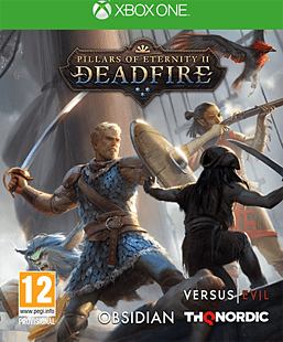 Pillars of Eternity II: Deadfire - Ultimate for Xbox One features a warrior in armor, a robed figure, and a fantasy creature, set against a mystical backdrop with vibrant colors.