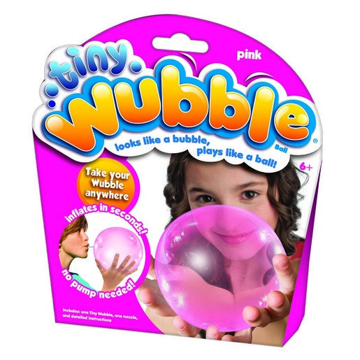 Bright pink Tiny Wubble Bubble Ball packaged in a colorful box, featuring a child holding the inflated ball, highlighting its bubble-like appearance and easy inflation without a pump.
