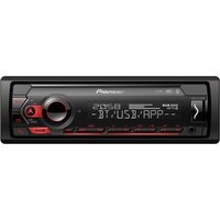 Black Pioneer MVH-S420DAB car media receiver with digital display, red buttons, and Bluetooth connectivity.