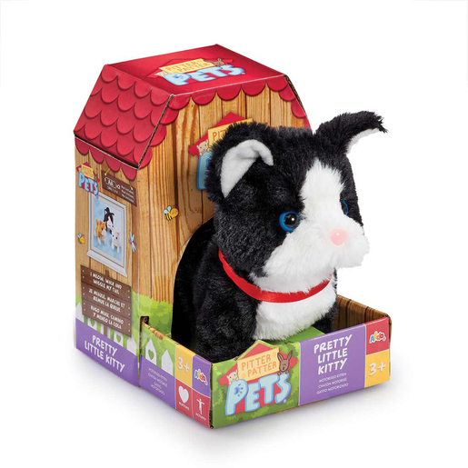 Black and white plush electronic cat with a red collar, sitting in a colorful box resembling a pet house, featuring cartoon graphics and the brand name "Pitter Patter Pets."