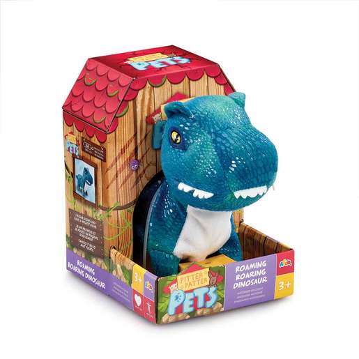 Blue plush dinosaur with a textured body, white belly, and large eyes, packaged in a colorful box resembling a wooden house, labeled "Pitter Patter Pets."