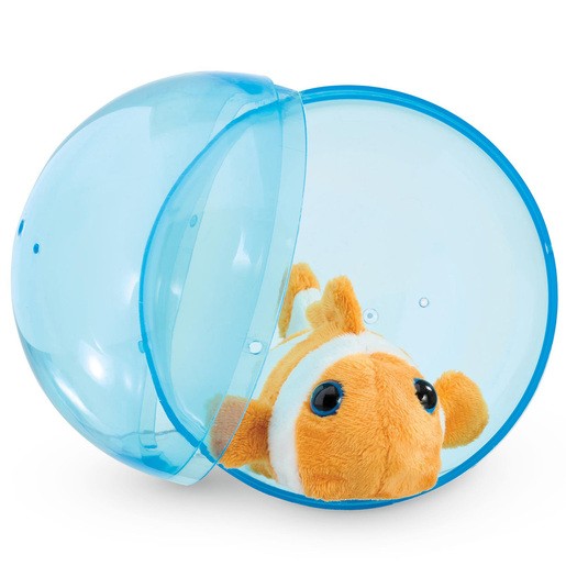 A plush clownfish toy in orange and white, encased in a transparent blue plastic ball, showcasing its playful design and electronic features.