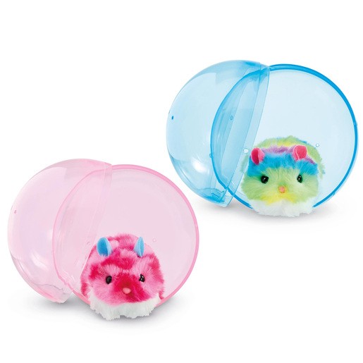 Two colorful electronic pet hamsters, one in pink and white stripes and the other in blue and green, are enclosed in transparent plastic balls, showcasing their fluffy textures.
