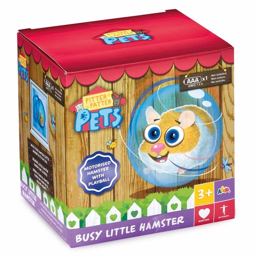 Colorful packaging featuring a cartoon hamster in a clear playball, with a pink and blue design, and text highlighting the motorized feature and age recommendation of 3+.