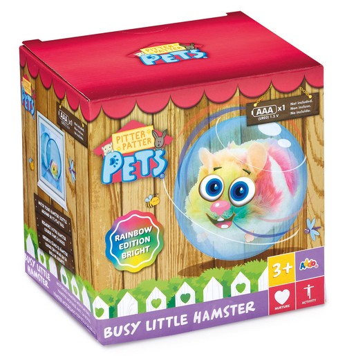 Colorful box featuring a cute, fluffy rainbow hamster with big eyes, enclosed in a clear dome, labeled "Busy Little Hamster" and suitable for ages 3 and up.