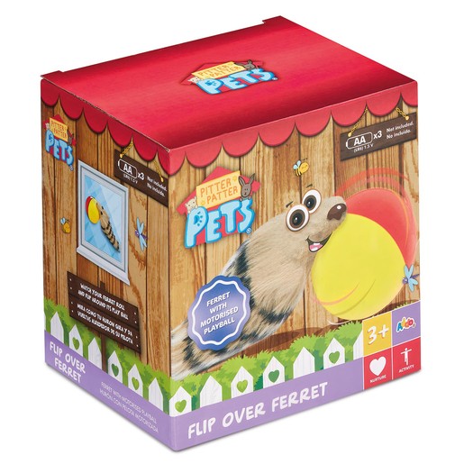 Colorful box featuring the "Pitter Patter Pets Flip Over Ferret" toy, with a cartoon ferret and a bright yellow ball, set against a wooden background and playful graphics.