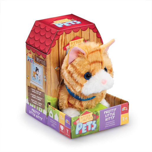 Fluffy orange and white plush cat with a blue collar, sitting in a colorful cardboard pet house packaging featuring a red roof and playful graphics.