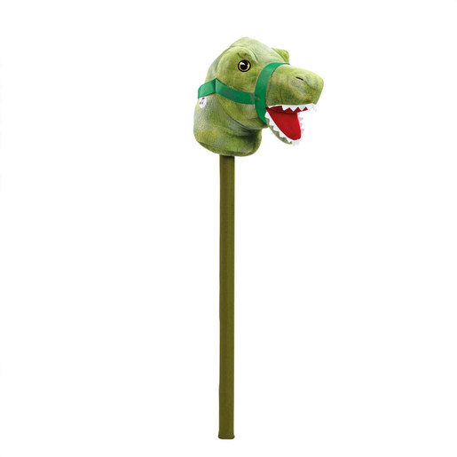 Green plush T-Rex head on a stick with a smiling mouth, red tongue, and green harness, designed for children to ride and interact with as an electronic pet.