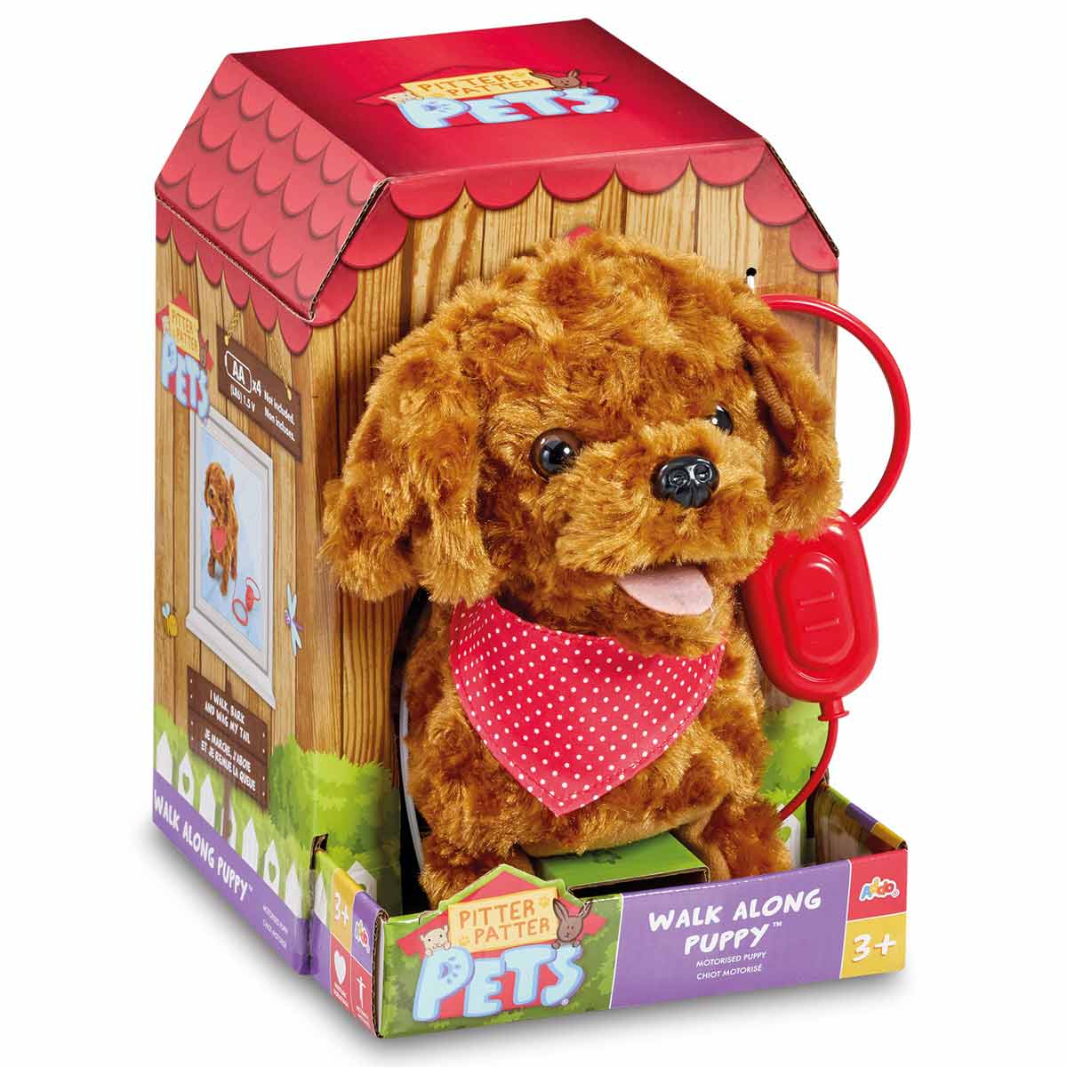 Fluffy brown cockapoo puppy toy with a red collar and polka dot bandana, packaged in a colorful box resembling a doghouse, suitable for ages 3 and up.