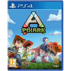 Colorful video game cover featuring the title "PixARK" with a blocky font, characters riding a dinosaur, and a vibrant landscape background, designed for PS4 by SNAIL GAMES USA.