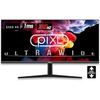 Curved piXL 34" UWQHD gaming monitor with 165Hz refresh rate, black stand, and vibrant display graphics.