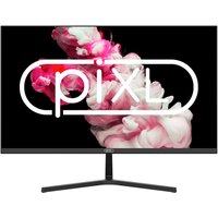 27" piXL PX27IVHD Full HD IPS monitor with slim bezels, black stand, and vibrant pink and white abstract display.