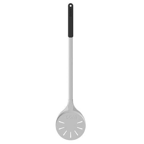 Aluminum pizza peel with a round, slotted surface and a long black handle, designed for turning pizzas in an oven, featuring the brand name "Ooni" on the handle.