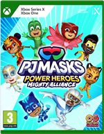 Colorful video game cover featuring PJ Masks characters, including Catboy, Owlette, and Gekko, with a vibrant blue background and bold title "Power Heroes: Mighty Alliance" for Xbox Series X.