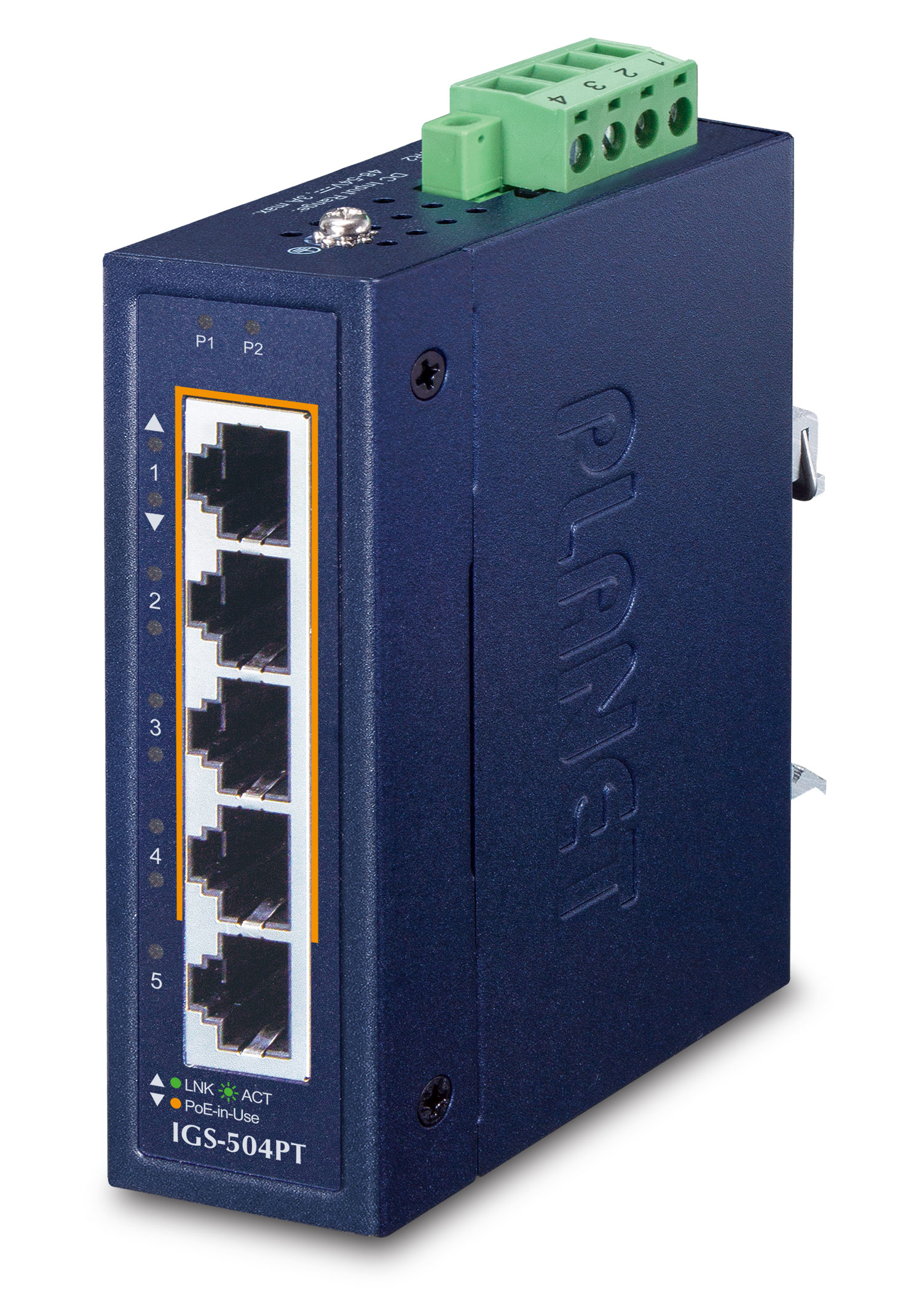 PLANET 10/100/1000T PoE unmanaged gigabit Ethernet switch in a dark blue metal casing with five Ethernet ports and a green terminal block for power connections.