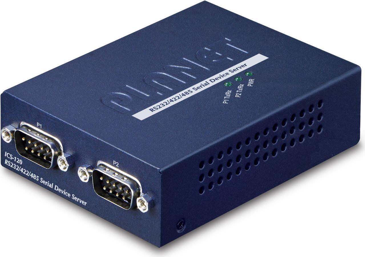 Blue metal casing with two DB9 serial ports labeled P1 and P2, featuring ventilation holes and green LED indicators, designed for RS232/422/485 serial communication.