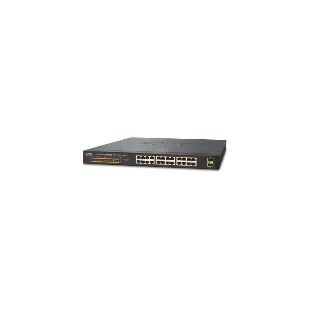 Black metal network switch with 24 ports, featuring PoE+ capability, SFP slots, and a power rating of 250W, designed for unmanaged networking solutions.