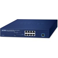 Blue PLANET 8-port Ethernet switch with front-facing ports and LED indicators, compact rectangular design.