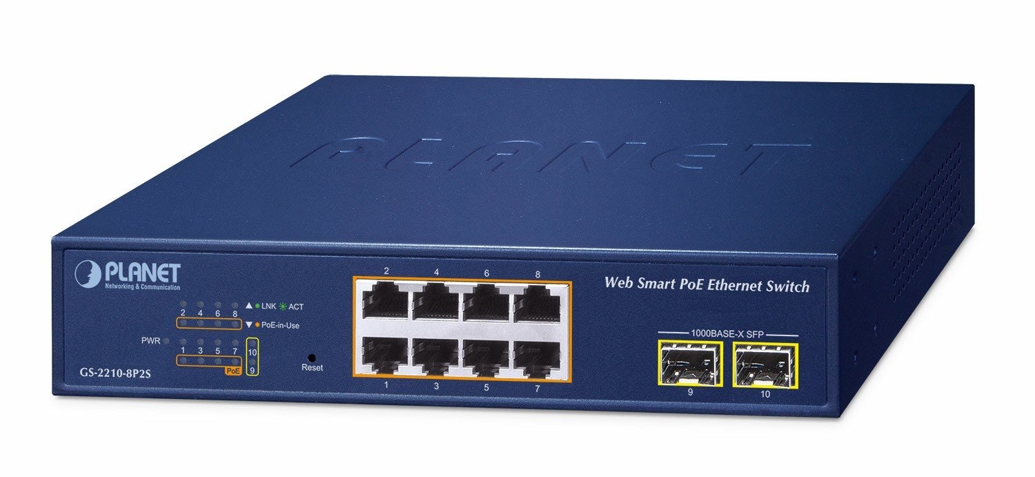 Blue metal casing Ethernet switch with 8 ports, labeled for PoE, featuring LED indicators for power and link activity, and a reset button on the front panel.