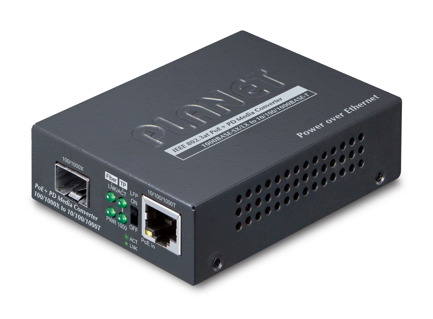 Black metal PLANET 802.3at PoE+ PD Network Media Converter with two Ethernet ports, LED indicators, and ventilation slots, supporting data transfer speeds up to 2000 Mbit/s.