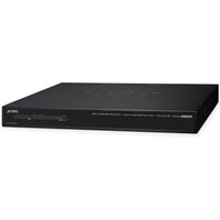 Black PLANET AVS-4210-24HP4X network switch, flat rectangular design, front ports, and LED indicators.