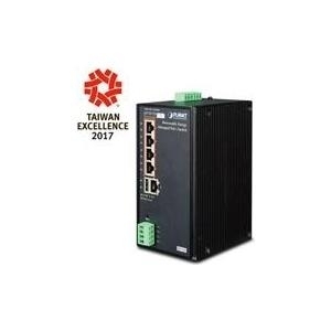 Black managed gigabit Ethernet switch with five ports, green terminal block connector, and a Taiwan Excellence 2017 logo on the side.