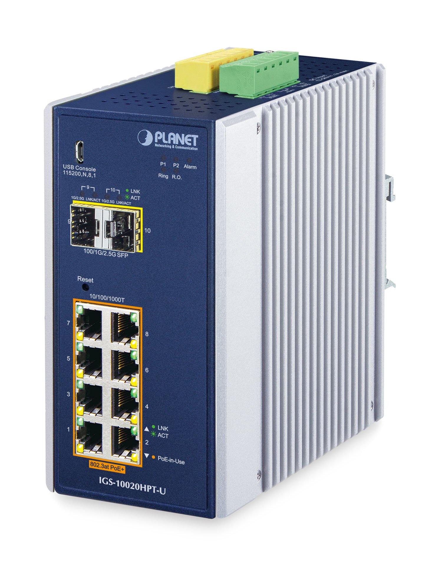 Managed switch with eight RJ45 ports, metal casing in silver and blue, featuring Power Over Ethernet, LED indicators, and a USB console for configuration.