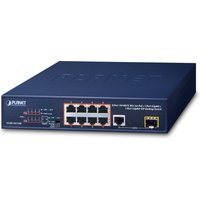 Blue PLANET FGSD-1011HP network switch with 8 Ethernet ports, LED indicators, and brand logo on top surface.