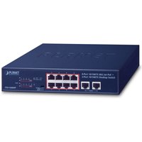 Black PLANET FSD-1008HP network switch with 8 Ethernet ports and LED indicators on the front panel.