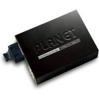 Black PLANET FT-802S15 network media converter with embossed logo and visible fiber optic port on the side.