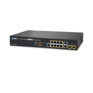Black managed L2+ Gigabit Ethernet network switch with eight Ethernet ports and two SFP slots, featuring LED indicators for power and connectivity status.