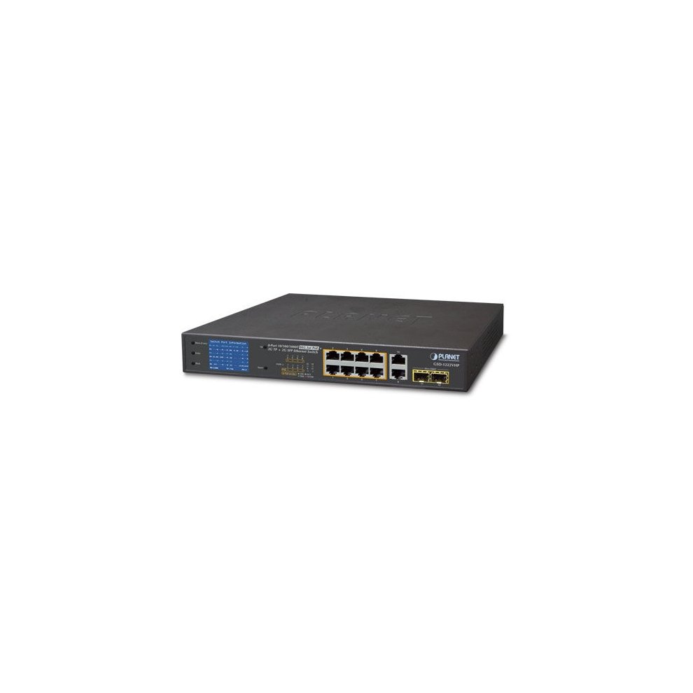 Black unmanaged gigabit Ethernet network switch with eight ports, LED indicators on the front panel, and a sleek, flat design suitable for desktop or rack mounting.