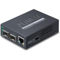 Black PLANET GT-1205A network media converter with two SFP ports, one Ethernet port, and LED indicators.