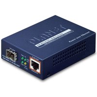 Blue PLANET GTP-805A network media converter with Ethernet and fiber ports, compact rectangular design.