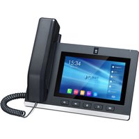 Black and silver PLANET 7" touch IP conference phone with handset, digital display, and control buttons.