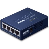 Blue PLANET HPOE-460 PoE injector with four Ethernet ports and LED indicators on top.