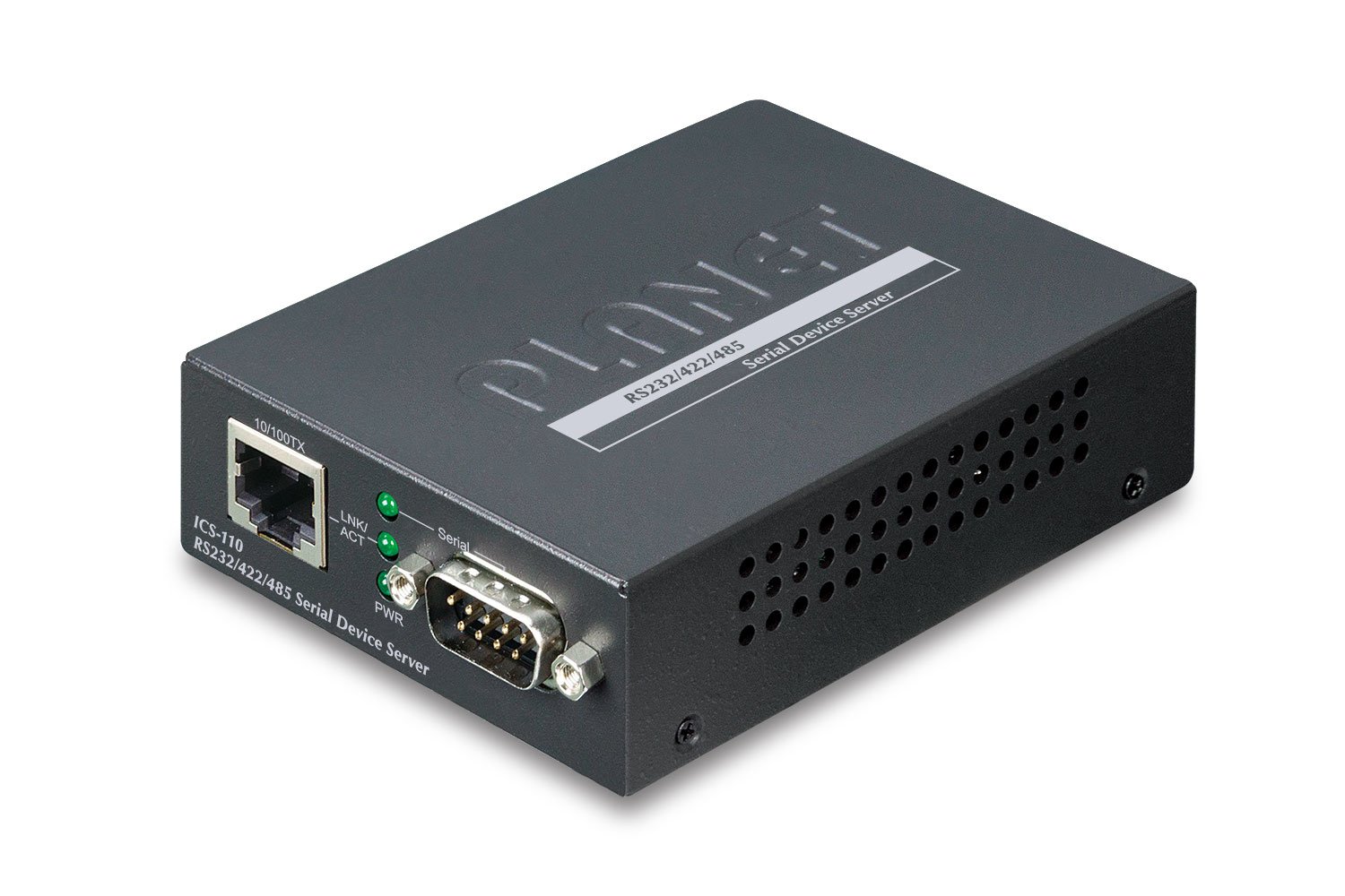 Compact black metal serial server with a textured surface, featuring Ethernet and RS-232 ports, LED indicators, and ventilation holes for cooling.