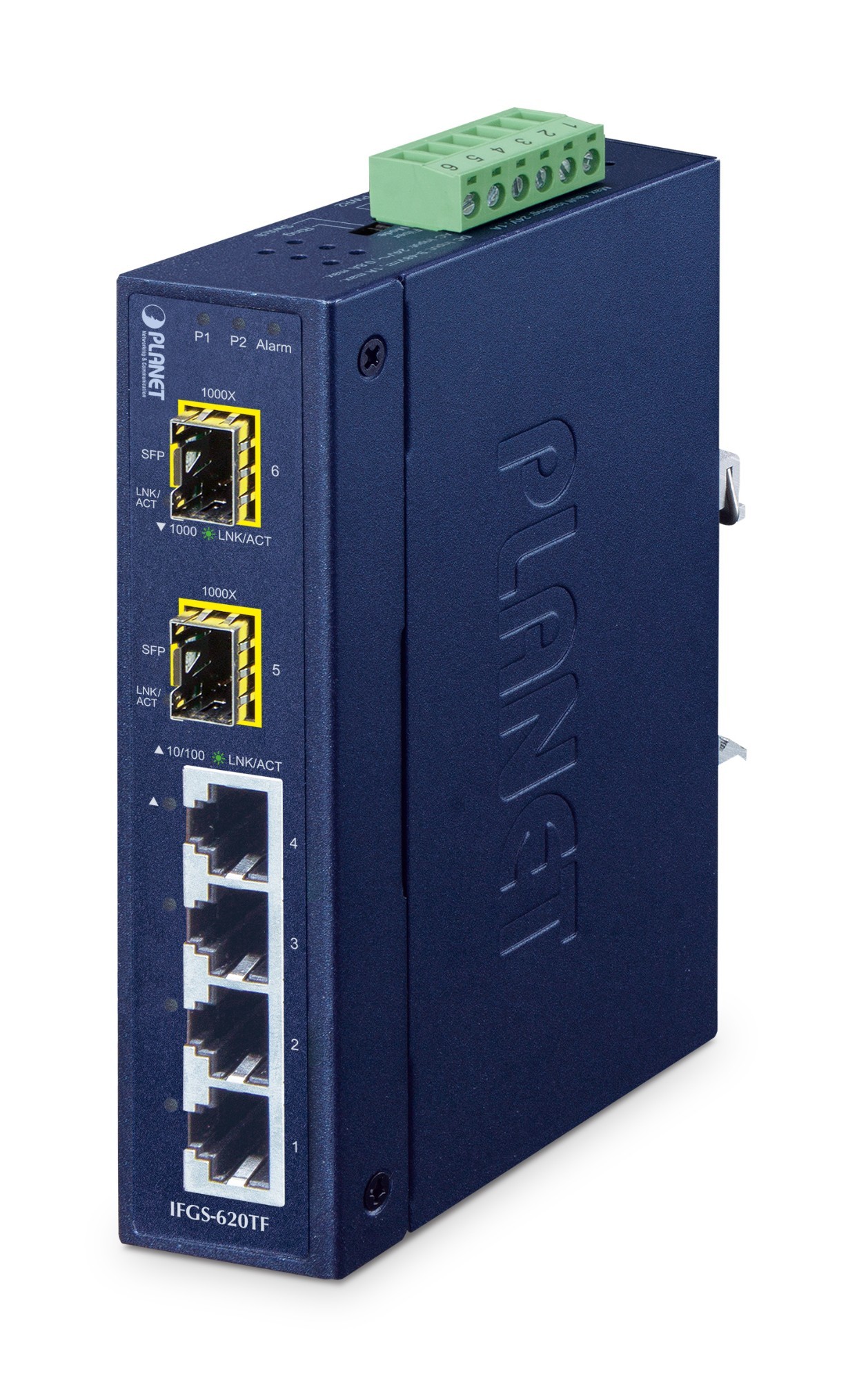 Unmanaged fast Ethernet network switch in blue metal casing, featuring four 10/100 Mbps ports, two SFP slots, and a green terminal block for alarms.
