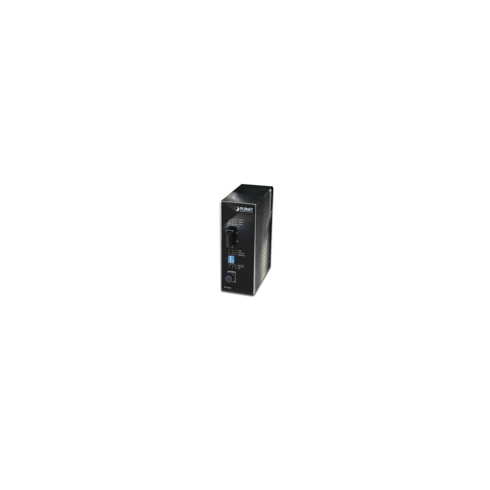 Black metal network media converter with a compact design, featuring LED indicators and a single fiber optic port for 100 Mbit/s data transmission at 1310 Nm.