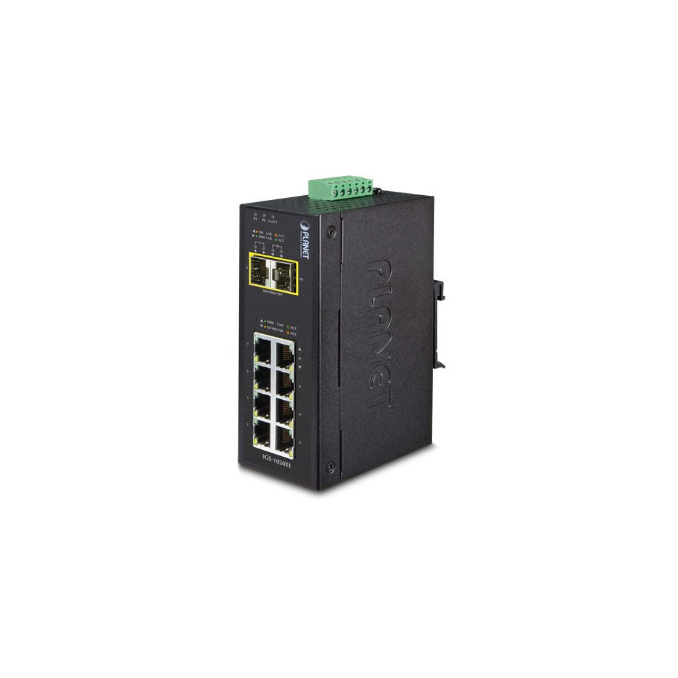Unmanaged gigabit Ethernet switch with a black metal casing, featuring eight RJ45 ports, two SFP slots, and a terminal block for power connection.