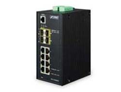 Black industrial Ethernet switch with eight 100Mbps ports, DIN rail and wall-mountable design, featuring green terminal block for power input, and rugged metal housing.