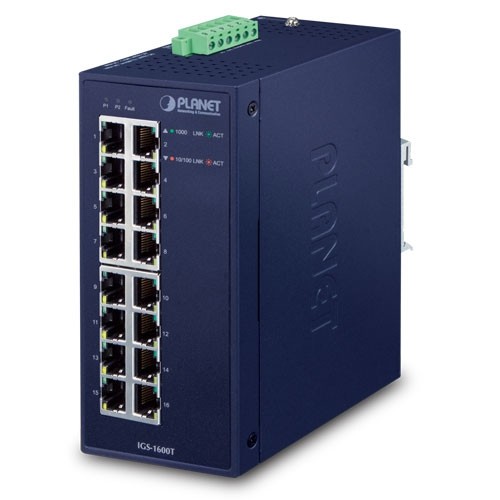 Unmanaged L2 Gigabit Ethernet switch in a dark blue metal casing with 16 Ethernet ports, LED indicators for link and activity, and a green terminal block for power connection.