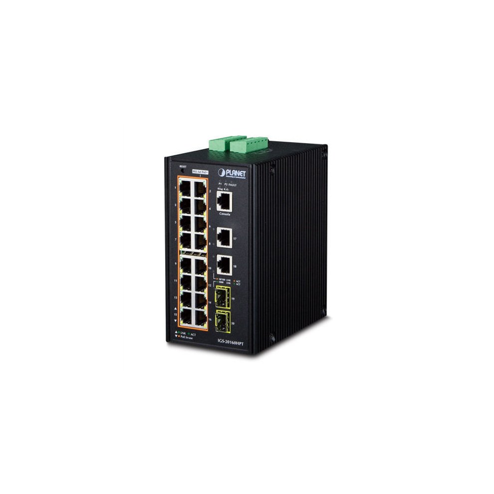 Managed L2/L3 Gigabit Ethernet network switch in a compact black metal casing, featuring multiple Ethernet ports and a green terminal block for power connections.
